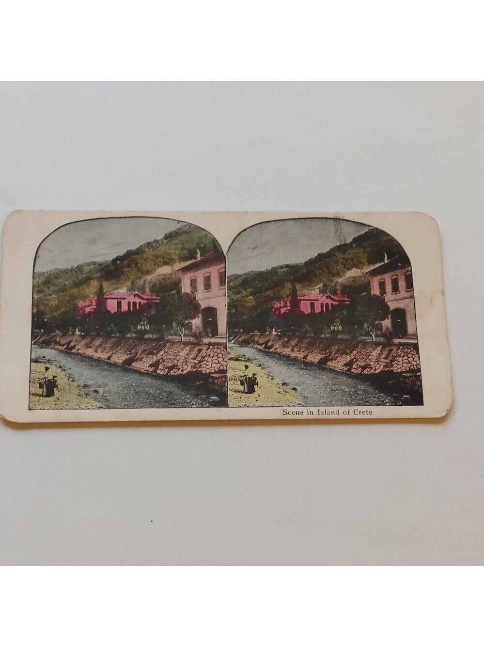 ANTIQUE STEREOGRAPH CARD Scene in Island of Crete Colour Stereoscopic View